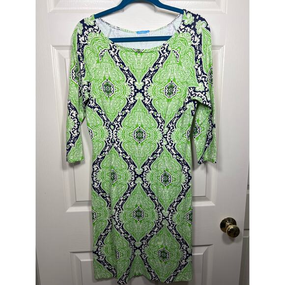 J. McLaughlin Green Blue Damask Boatneck Catalina Cloth Sheath Mari Dress Small - Picture 1 of 8
